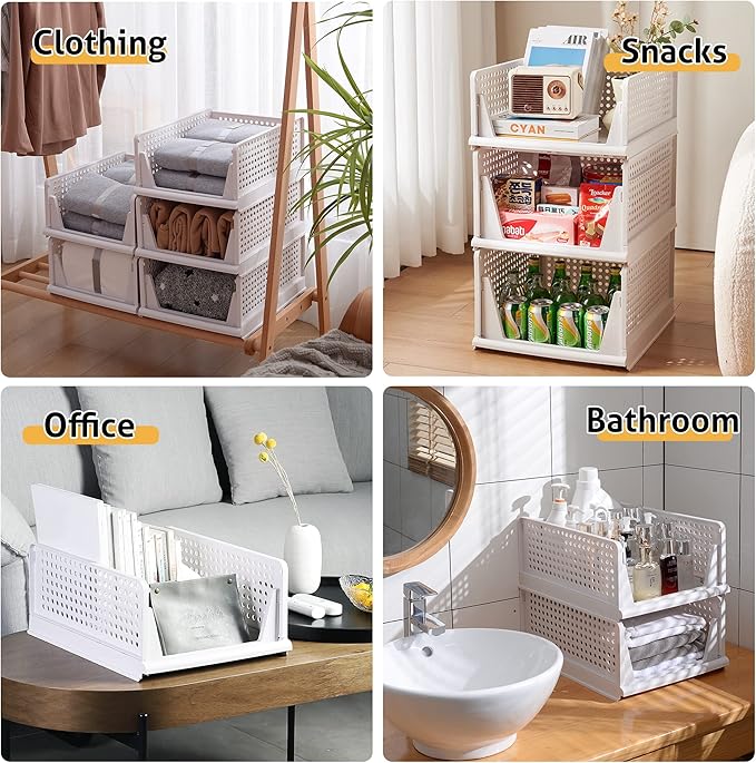 Stackable Plastic Storage Basket-Foldable Closet Organizers and Storage Bins - Drawer Shelf Storage Container for Wardrobe Cupboard Kitchen Bathroom Office (White Large-4 Pack)