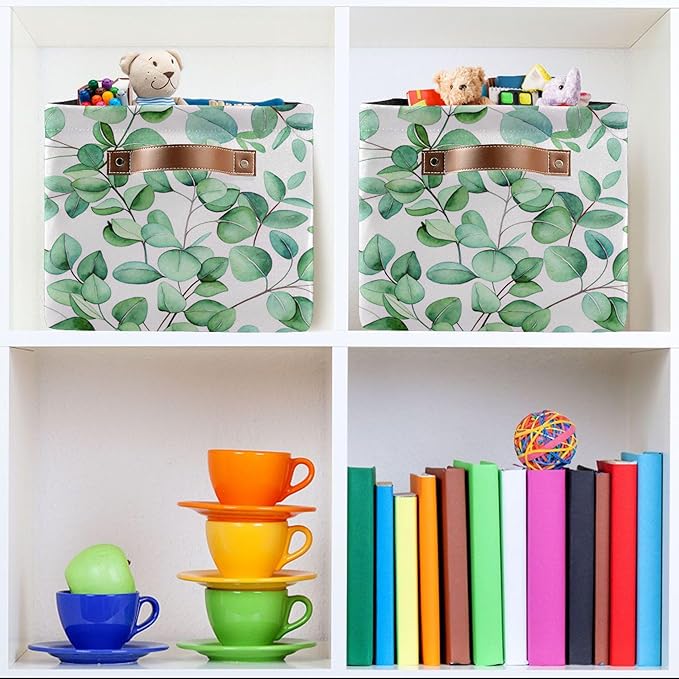xigua Green Leaves Storage Basket Collapsible Storage Bins Waterproof Canvas Storage Basket with Leather Handles for Home Closets Offices,Bedrooms,Gift Baskets,1PCS
