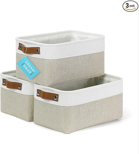 OrganiHaus Small Fabric Storage Baskets 3 Pack, 12x8in Cloth Storage Bins for Shelves, Small Baskets for Organizing Pantry Closet, Canvas Shelf Baskets, Beige/Off-White