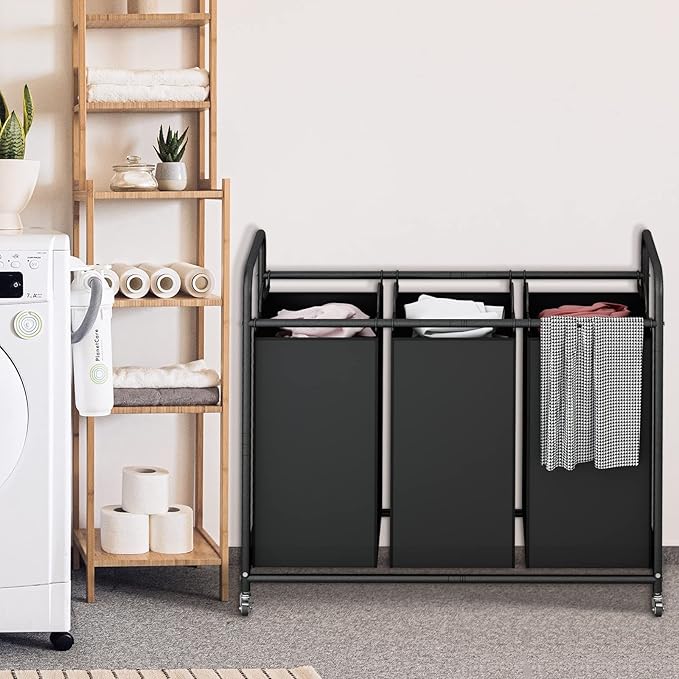 SUOERNUO Laundry Sorter Basket 3 Bag Laundry Hamper Cart with Rolling Lockable Wheels and Removable Bags Organizer Cart for Clothes Storage, Black