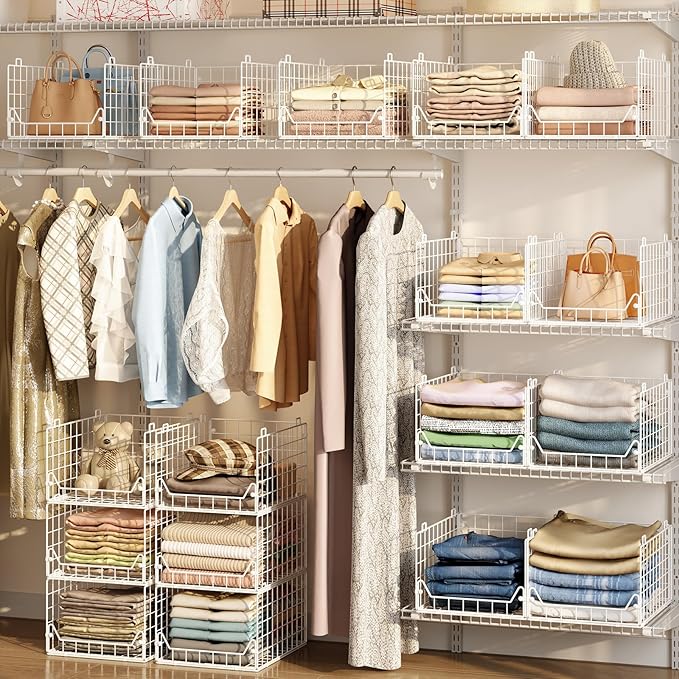 Jakyitvi 6-Tier Closet Shelf Organizer,Metal Stackable Closet Organizers and Storage,Clothes Storage Bins,Shelf Organizer Basket ,Folded Shelf Organizer for Closet Wardrobe,White