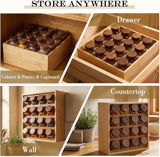 Novabright 16 Grids Bamboo Spice Rack Organizer, Wooden Spice Rack Wall Mount with Square Compartments, Wood Hanging Shelf for 4 oz Glass Jar Drawer Cabinet Kitchen Countertop Wall