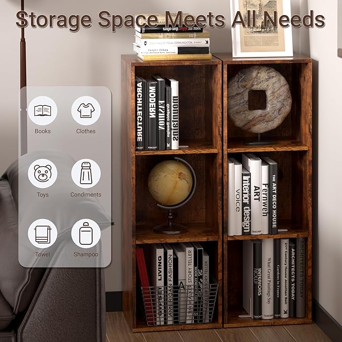 Cube Storage Organizer, 3 Cube Retro Bookshelf, Freestanding 3 Tier Open Shelf, Rustic Brown Retro Shelves for Home Office, Bedroom, Living Room, Study
