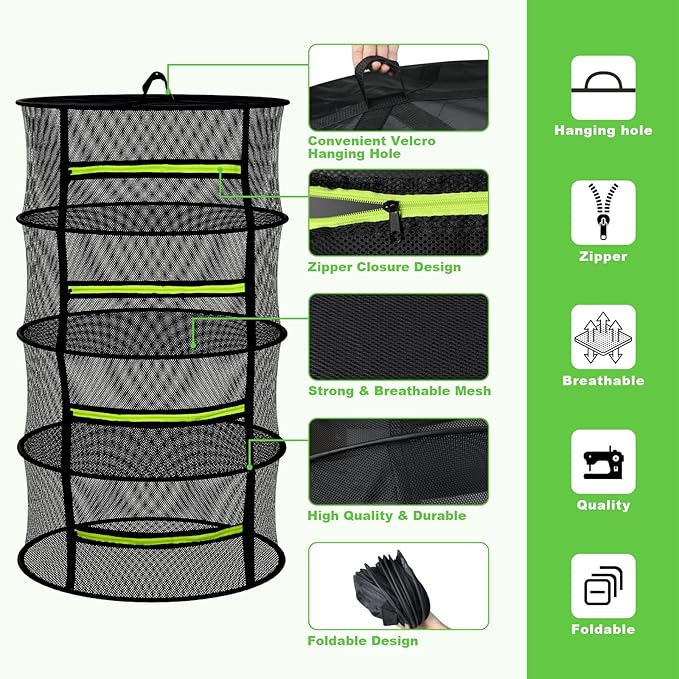 MEKOLIFE Herb Drying Rack with Mesh Design, Hanging Drying Rack with Green Zipper & Garden Pruning Shears – Versatile Plant Drying Solution (6 Layers)
