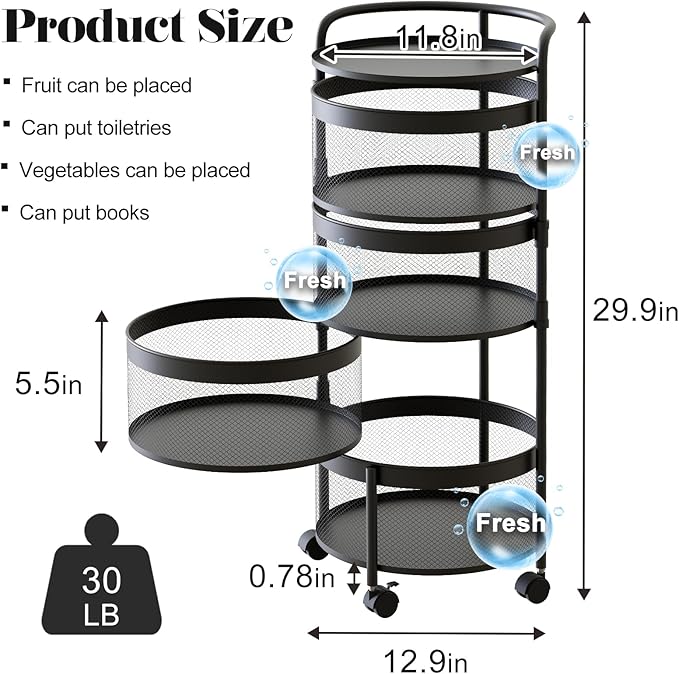 Rotating Kitchen Storage Rack No Assembly, 4-Tier Round Metal Storage Basket Shelves,Rotating Tower Organizer with Rolling Wheels with 4 Drawers for Fruit Vegetable Grocery(4-Tier, Black)