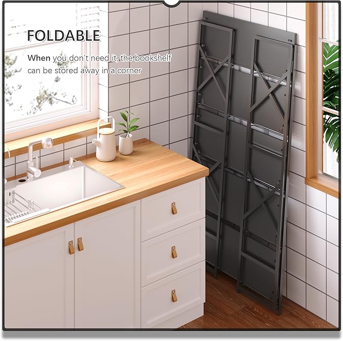 4NM Extra Wide 5 Tiers No Assembly Book Shelves, 51.2" H Folding Bookshelf Bookcase Open Industrial Foldable Shelves for Bedroom, Living Room, Home Office - All Black