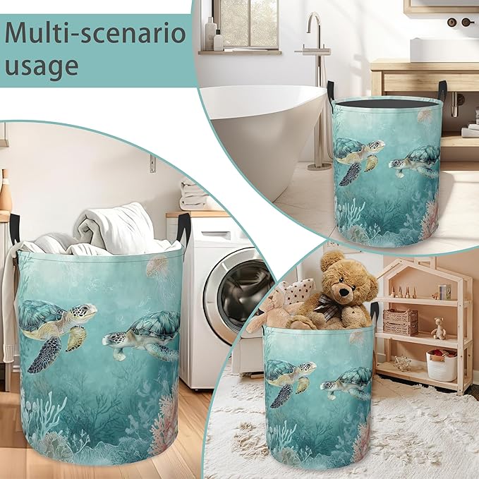 Laundry Hamper Foldable Oxford Cloth Turtle Beach Palm Trees Laundry Basket With Handle Portable Clothes Storage Organizer Basket Storage Bag For Laundry Room/Bedroom/Bathroom