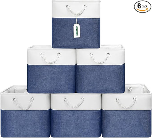 ECDYQXVU 13x13 Inch Cube Storage Bins with Reinforced Bottom Cardboard, 6 Pack Large Foldable Fabric Storage Cubes with Handles for Shelf, Closet, Laundry Organization (White&Navy Blue)