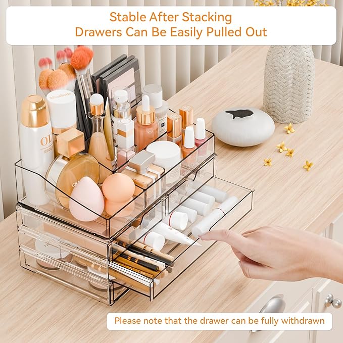 Yieach Acrylic Make up Organizers for Counter,Desk and Vanity,2 Pack Stackable Bathroom Counter Organizer with Drawers,Large Clear Makeup Organizers and Storage for Skincare,Cosmetic,Beauty Products