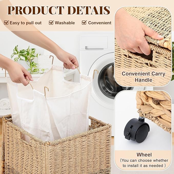 Cinnvoice 65 L Rolling Wicker Laundry Basket with Wheels Laundry Hamper with Lid Decorative Woven Hamper with Washable Removable Liner Bags and Handles for Clothes Natural Water Hyacinth, 1 Section