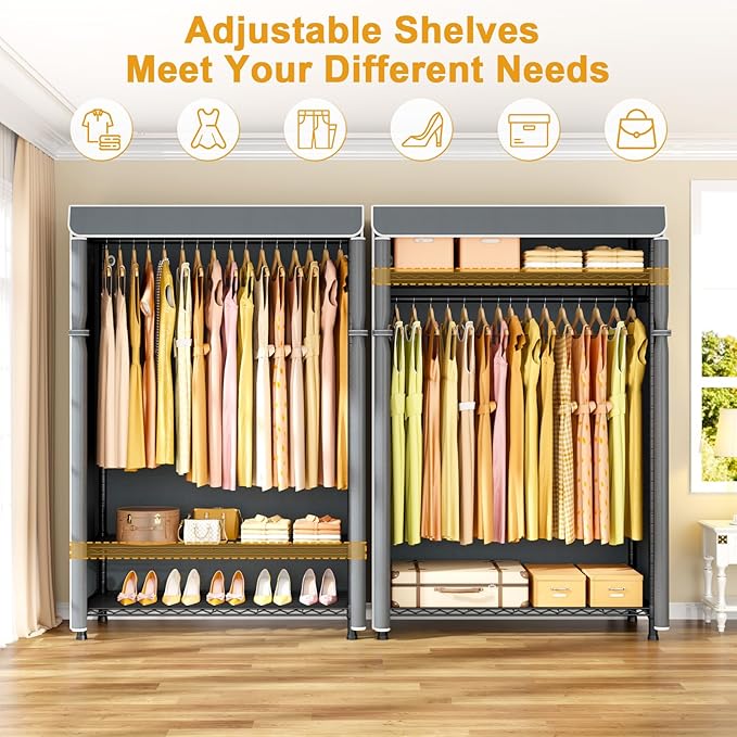 ULIFHOME H5C Plus Clothes Rack with Cover, Portable Closet for Hanging Clothes, Covered Clothing Racks Heavy Duty, 3-Tiers Garment Rack with Shelves Max Load 370LBS Black Closet Rack with Gray Cover