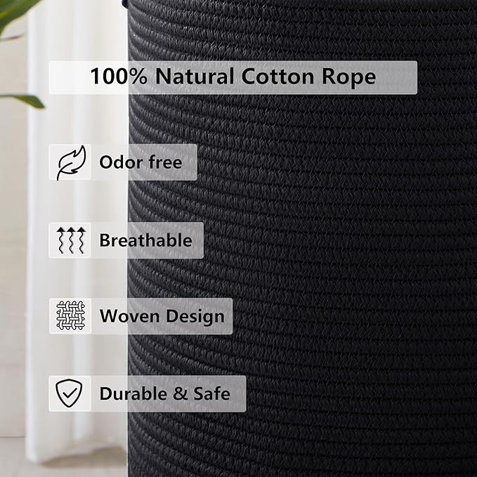 80L Extra Large Black Laundry Hamper Tall Woven Rope Laundry Basket for Clothes Modern Blanket Storage Basket in Living Room Bedroom 16"L x 16"W x 22"H