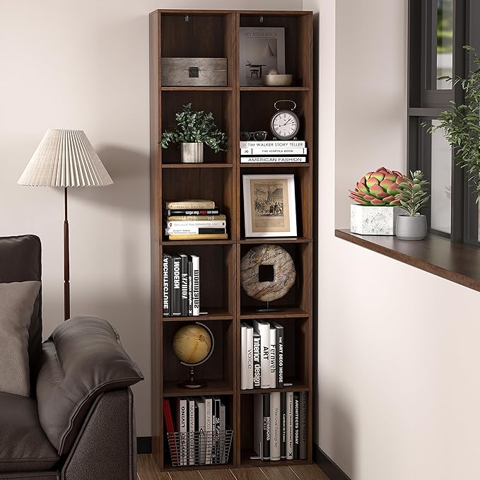 6 Cube Storage Organizer, Narrow Open Shelf Bookcase, Freestanding 6 Tier Low Display Bookshelf for Home Office, Living Room, Bedroom, Dark Brown & Black Walnut