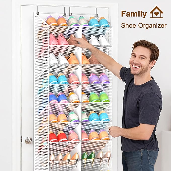 UVIAHOMI 30 Pairs Over the Door Shoe Organizer, Breathable Mesh Pocket Hanging Shoe Storage for Closet, 10-Tier Door Shoes Rack, Handing Shoes Holder Fit All the Family's Sneakers, Boots, Heels, White