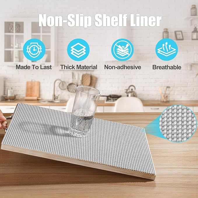Songrey Non-Adhesive Drawer and Shelf Liner, Non Slip Cabinet Liners, Protect Kitchen Cupboard, Bathroom Drawers, Breathable, Thick Strong Grip mat (20IN x 20FT, Light Gray)