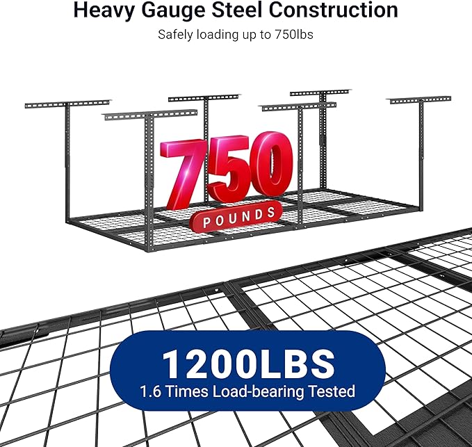 FLEXIMOUNTS 3x8 Overhead Garage Ceiling Storage Rack, Adjustable Garage Organization System, Heavy Duty Metal, 750lbs Weight Capacity, Hammertone, Classic Series