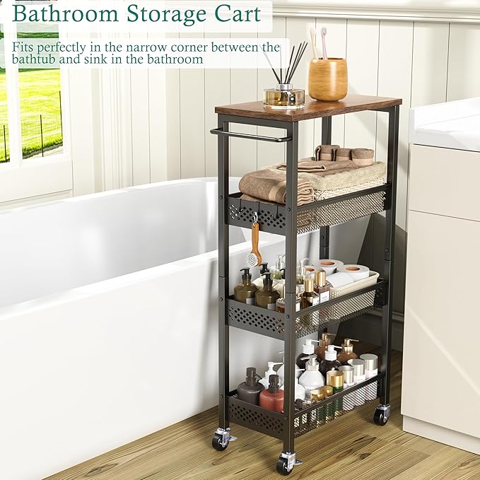 XYZLVSI Slim Storage Cart 4 Tier Fruit and Vegetable Baskets for Kitchen Small Space, Narrow Laundry Cart on Wheels with Wooden Top and Metal Handle for Pantry, Bathroom, Laundry Room