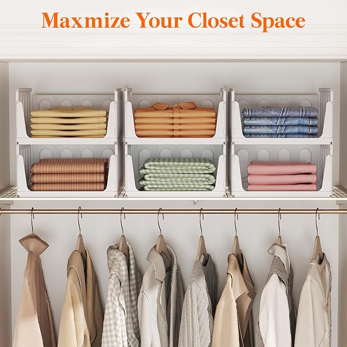 Lifewit 6 Pack Stackable Closet Organizers and Storage Basket for Clothes, Plastic Sweater Storage Bins for Wardrobe, Multifunctional Pants Organizer for RV, Pantry, Kitchen, Dorm, 32 cm/12.6 inch(L)