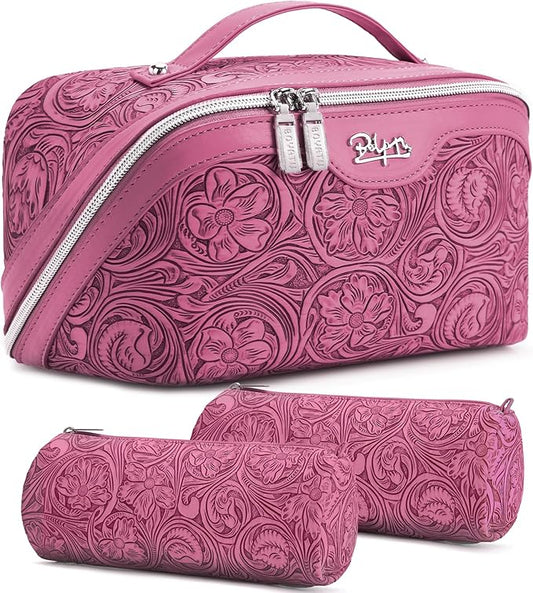 BOYATU Travel Makeup Bags Cosmetic Organizer Bag: 3 Pcs Set Large Capacity Floral Make up Bag with Compartments - Waterproof Leather Toiletry Bags with Handle for Women (20-Red)