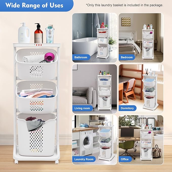 Rolling Laundry Basket, Laundry Hamper 3 Section With Wheels, Detachable Laundry Organizer Clothes Storage Hamper Laundry Sorter for Bedroom Dorm Apartment
