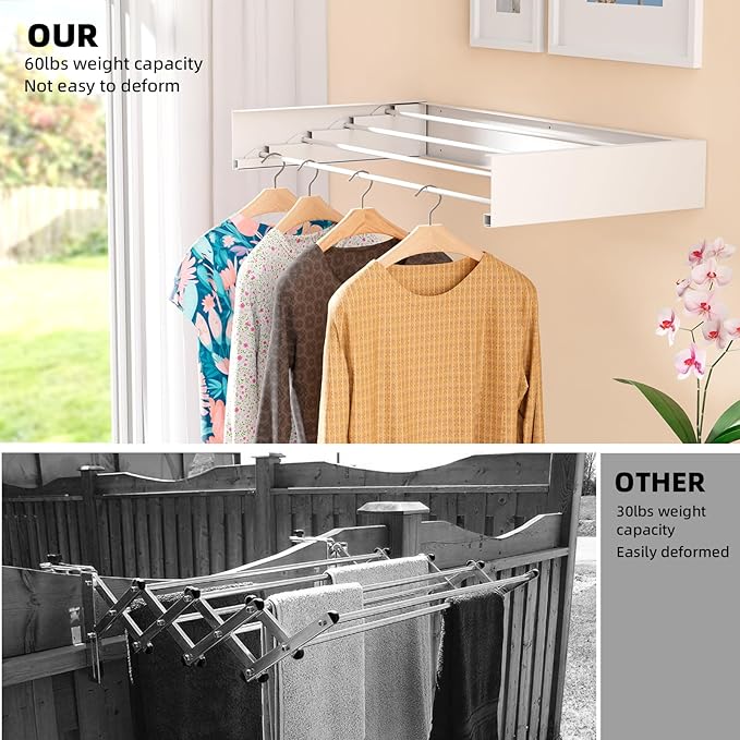 ZMBESUP Wall Mounted Drying Rack for Small Space, 23.6" Foldable Collapsible Laundry Rack, Compact Space Saver for Apartment Bathroom Balcony, Includes Wall Template (White)