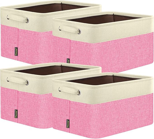 BALEINE 4 Pack Fabric Closet Storage Bins for Shelves, Linen Closet Organizers and Storage, Decorative Baskets for Organizing, Shelf, Clothes, Home, Office (Pink, 14''x10''x8.5')