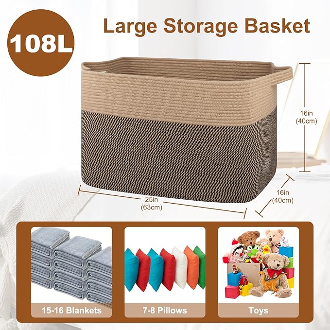 OIASKET XXXL Supre Large Blanket Basket for Clothes, Towels, Pillows, 108L Cotton Rope Storage Basket for Living Room, Supre Large Woven Toy Storage for Kids, 25" x 16" x 16", Brown and Black