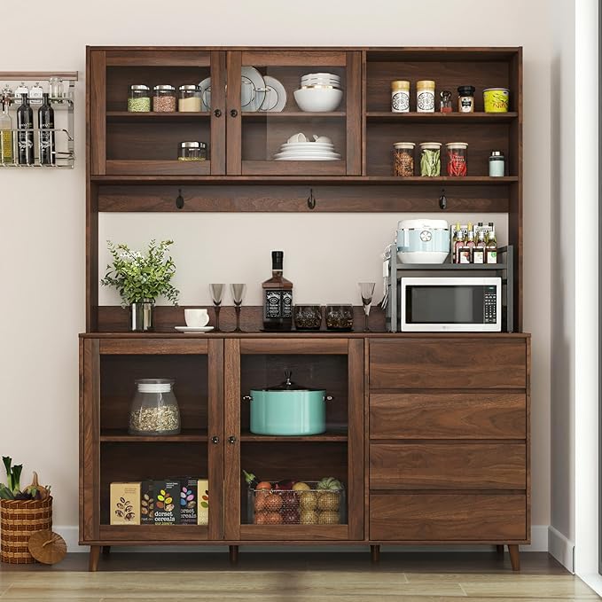 Farmhouse Kitchen Pantry Cabinet, 74.8" Tall Freestanding Cupboard with Multi-Tier Storage Rack and Microwave Stand for Kitchen, Dining Room, Walnut