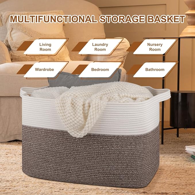 OIASKET XXXL Supre Large Blanket Basket for Clothes, Towels, Pillows, 108L Cotton Rope Storage Basket for Living Room, Supre Large Woven Toy Storage for Kids, 25" x 16" x 16", Dark Brown and White