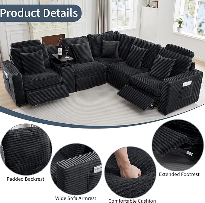 LEVNARY 5-Seat L Shaped Modular Sectional Sofa with Power Recliners, Faux Rabbit Fur Upholstery, Storage Console with Charging Ports & Cup Holders, Living Room Couch Set for Home Office (Black)