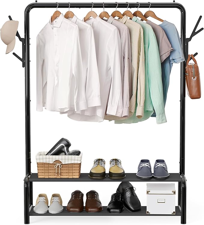 Simple Houseware 52-Inch Freestanding Closet Garment Rack with Storage Shelves and Coat/Hat Hooks, Black