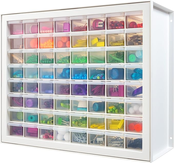 IRIS USA Small Parts Storage Cabinet, Made in USA, 64-Drawer Organizer Chest for Hardware, Screws, Nuts & Bolts, Charms, Beads, Craft Supplies, Scrapbook & Hobby Storage, Teacher Toolbox – White