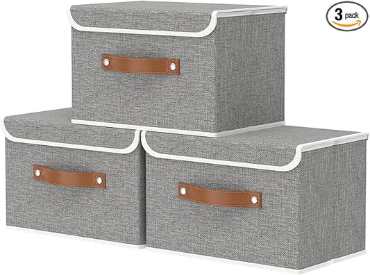 OUTBROS Collapsible Storage Cubes with Lid, Linen Fabric Wardrobe Baskets, Large Box For Towels, Clothes, 15 x 9.8 x 9.8 inch, Grey, 3-Pack