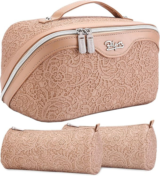 BOYATU Travel Makeup Bags Cosmetic Organizer Bag: 3-Set Large Capacity Make up Bag - PU Leather Toiletry Bags for Women - Wide Open Portable Pouch with Divider & Handle (A-Tan)