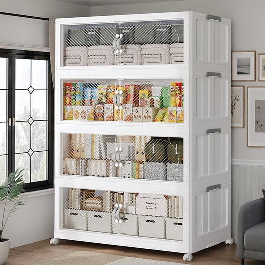 160Gal/640QT 4-Tiers Extra Large Stackable Storage Bins with Lid, Collapsible Cabinet Closet Organizer Plastic Container Box with Wheels Doors Drawers for Office Dorm Kitchen, White