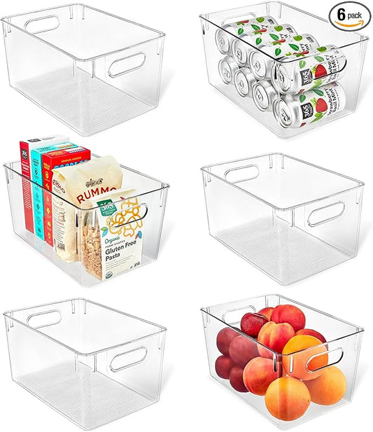 Lifemaster Multi-purpose Refrigerator Bins - 6 pieces Large Capacity Stackable Fridge Bin Organizer with Easy Grip Handles - Clear