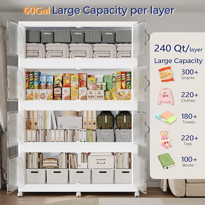 300Gal/1200QT 5-Tiers Extra Large Stackable Storage Bins with Lid, Collapsible Cabinet Closet Organizer Plastic Container Box with Wheels Doors Drawers for Office Dorm Kitchen Office, White