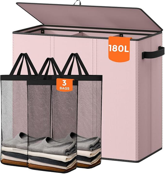 Optish 180L Laundry Hamper 3 Section, Large Laundry Basket with Lid, Laundry Basket Organizer with Handles, Pink Divided Laundry Baskets, Clothes Hampers for Nursery, Bedroom, Bathroom