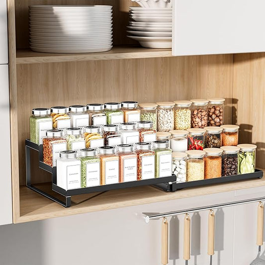 BOIVSHI Spice Rack Organizer for Cabinet, Expandable 3 - Tiered Spice Rack, Metal Spice Organizer, Spice Shelf Organizer for Cabinet, Countertop, Pantry, Cupboard, Black