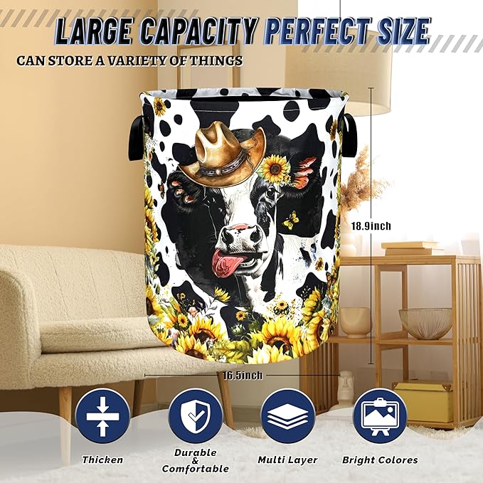 Cows Sunflowers Laundry Basket Foldable Animals Laundry Hamper With Handle Portable Oxford Cloth Clothes Storage Basket Laundry Bag 18.9"x16.5" For Laundry Room/Bedroom/Bathrooms
