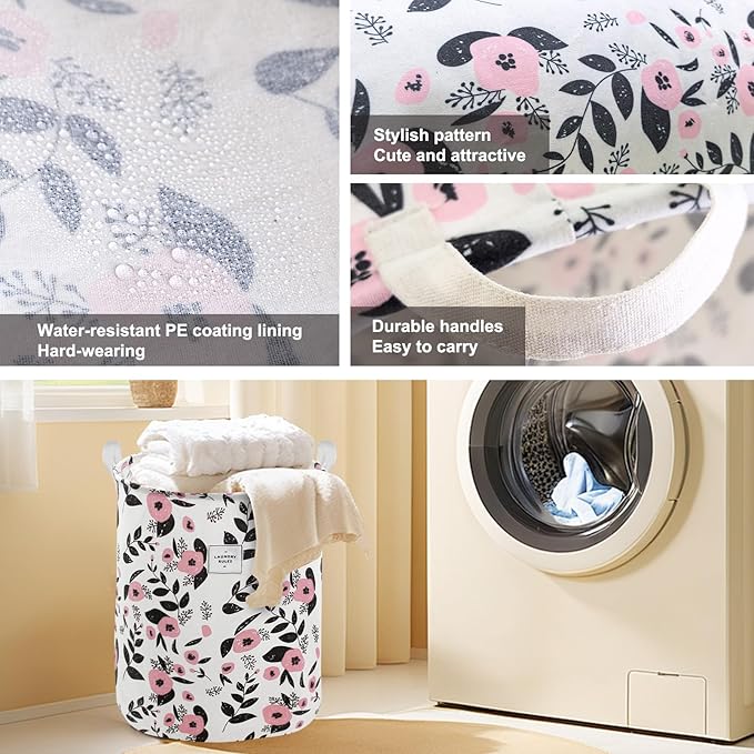 Mziart Cute Laundry Basket, Large Floral Laundry Hamper for Girls Kids Toys Collapsible Clothes Organizer Waterproof Foldable Baby Hamper for Nursery Dorm Fabric Storage Basket Bin with Handles (Pink)