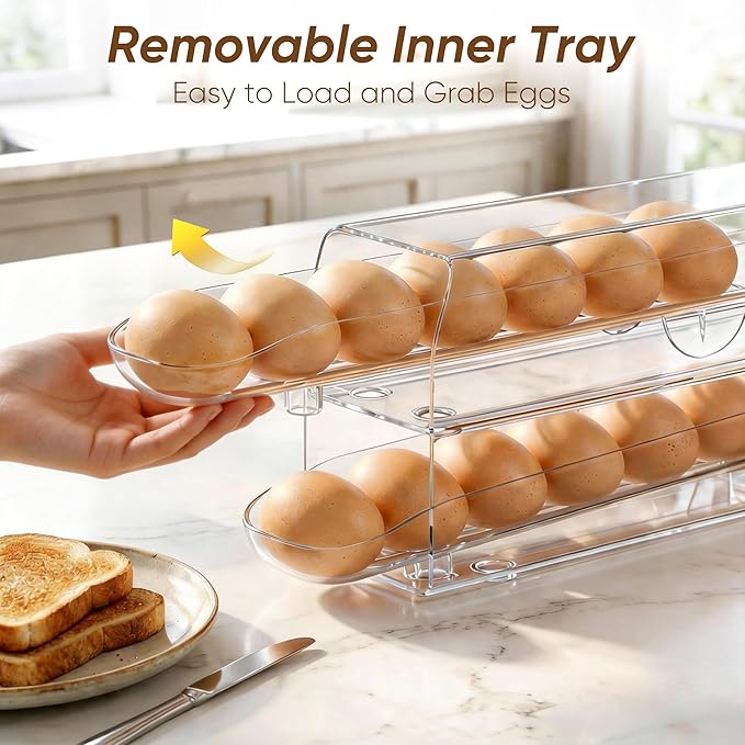 theaoo Auto Rolling Egg Dispenser for Refrigerator with Quick Removable Inner Tray, Space-Saving Egg Organizer and Holder, Egg Storage Container for Fridge, Easy to Load and Grab Eggs (2 Pack)