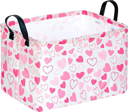 MAIZMZ Girls Gift Basket Heart Print Storage Cube for Women, Closet Shelf Organizer Bins Empty Gift Basket with Handles Nursery hamper Kids Toys Books Box Room Deco