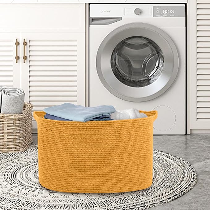 MEGASKET Extra Large Orange Storage Basket, 23.6" x 17" x 12" Rectangle Baskets for Organizing, Blanket Toy Bin Organizer, Colorful Woven Cotton Rope Baskets for Decor