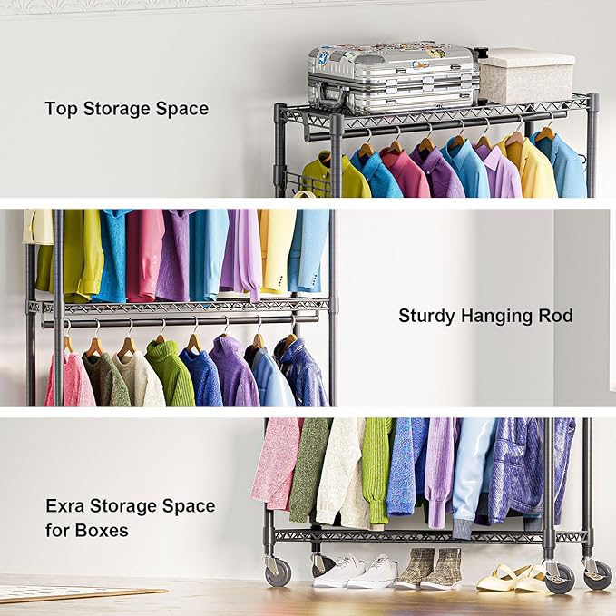 M MZG Heavy Duty Rolling Garment Rack 3 Tiers Adjustable Wire Shelving Clothes Rack with 2 Rods and Side Hooks,Storage Closet Clothing Rack with Wheels Black 15.7" D x 45.3" W x 79.6" H