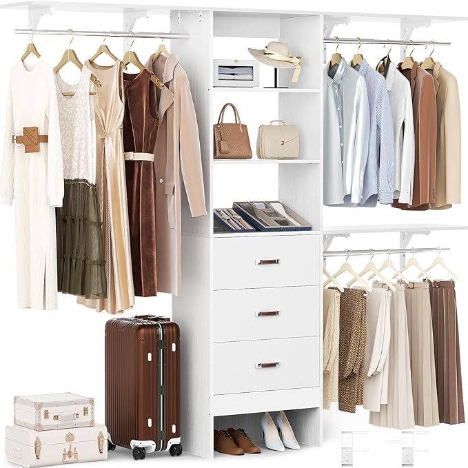 Besiost Closet System with Drawer - 8FT Wood Closet Organizer System with 3 Hanging Rods and Shelving Tower, 96" Walk In Closet Organizer Wardrobe, Heavy Duty Garment Rack Clothes Rack, White