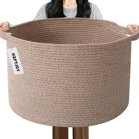 65L Large Blanket Basket,Woven Rope Laundry Basket Hamper with Handles,Decorative Nursery Basket Storage Bin for Toys, Pillows , Clothes Organizer, Living Room, Bedroom, Bathroom, Brown