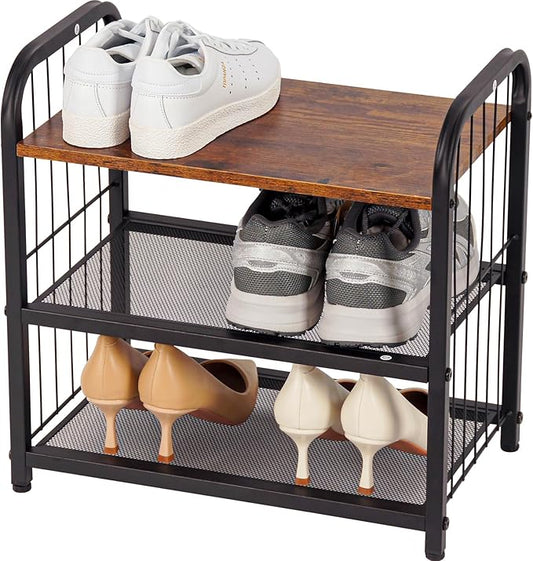 Narrow Shoe Rack for Small Spaces, 3-Tier Compact Shoe Organizer for Closet, Entryway, Small Apartment, Space Saving Metal & Wood Shoe Storage Shelf