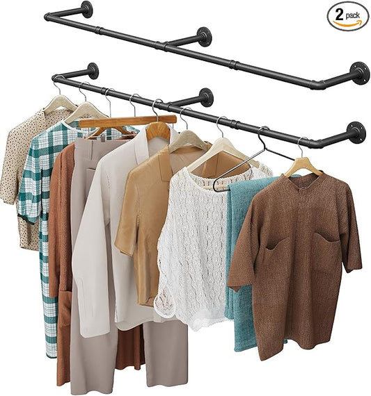 OROPY Clothes Rack, 65.7" Industrial Pipe Clothing Rack 2 Pack for Clothes, Wall Mounted Heavy Duty Space Saving Garment Rack for Closet Storage, Black, 3 Base