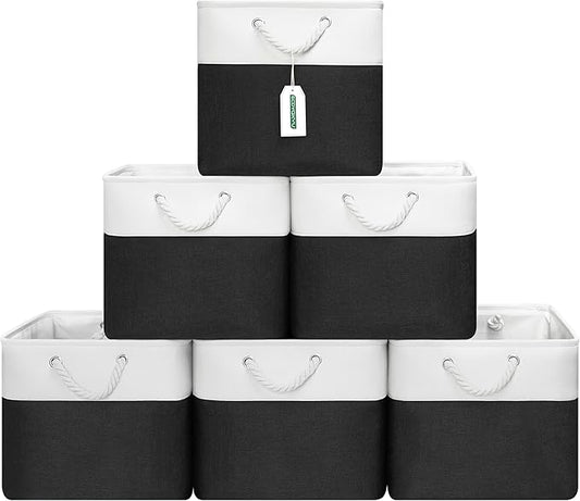 ECDYQXVU 13x13 Inch Cube Storage Bins with Reinforced Bottom Cardboard, 6 Pack Large Foldable Fabric Storage Cubes with Handles for Shelf, Closet, Laundry Organization (White&Black)